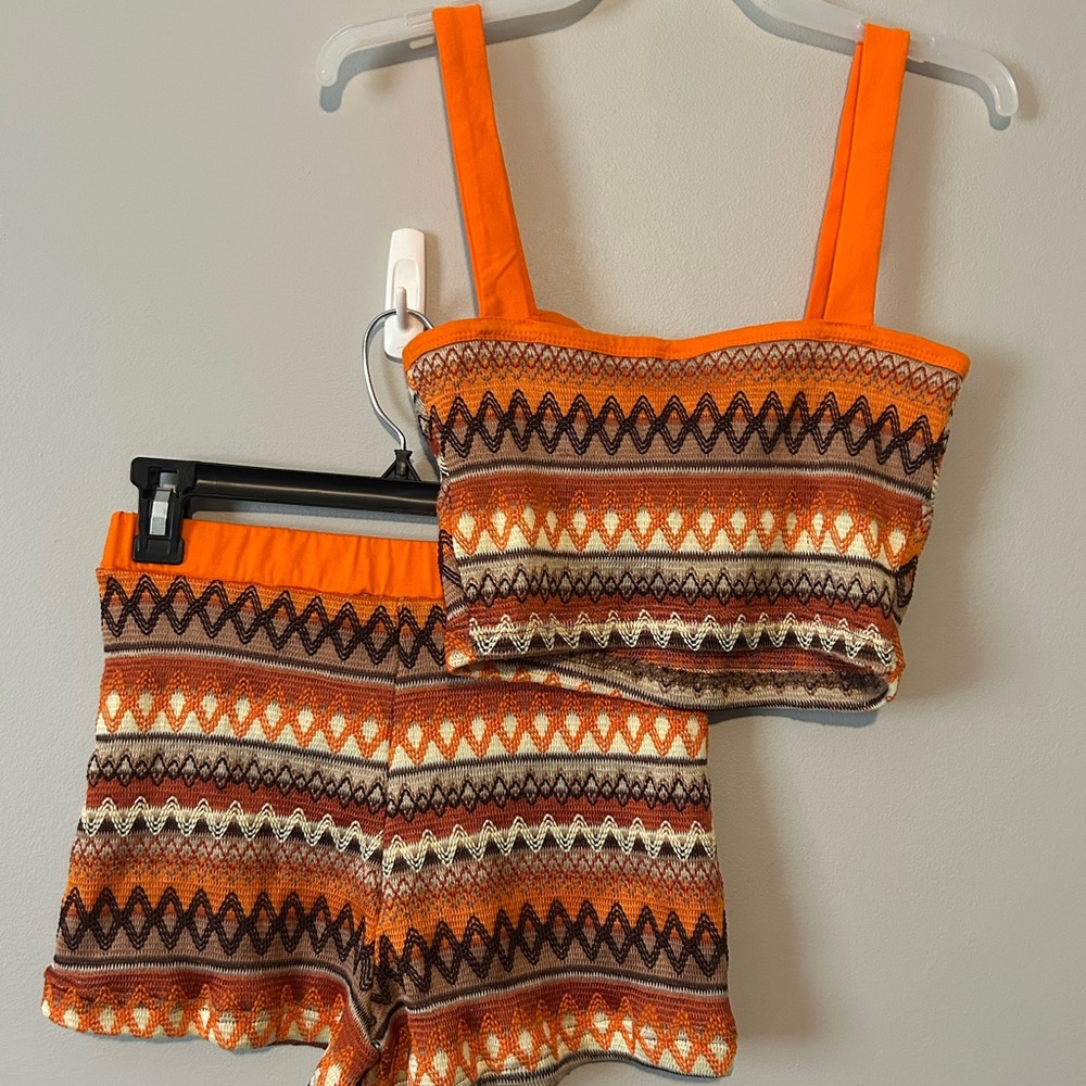 Orange and Brown Geometric Knit Set Crotchet Coordinated Sets Brown Orange
